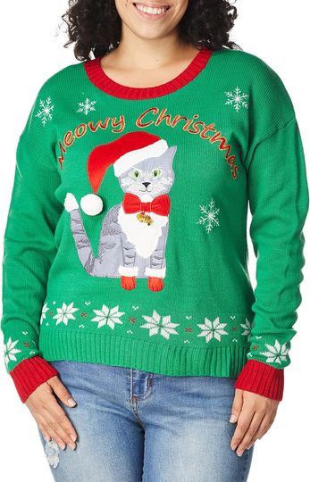 Discover Blizzard Bay Womens Meowy Christmas Kitty Ugly with Bells Sweater, Green/Red, Medium US