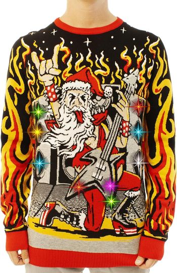 Discover Ugly Christmas Party Knitted Light-Up Ugly Christmas Sweater - Hilarious Santa Sweater - LED Ugly Christmas Sweater for Men and Women - Heavy Metal Santa Light Up - 4XL Rock Santa- Light Up
