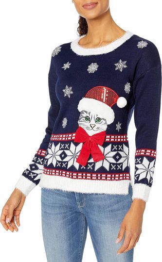 Discover Blizzard Bay Women's Christmas Cat Crew Neck Sweater