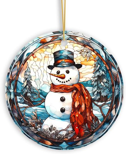Discover Elegant Snowman Stained Glass Themed Ceramic Christmas Ornament