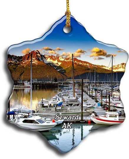 "N/A" Seward Kenai Fjords National Park Alaska USA America Christmas Ceramic Ornament Xmas Tree Decor Souvenirs Double Sided Snowflake Porcelain Home Gifts