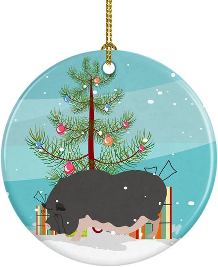 Caroline's Treasures Vietnamese Pot-Bellied Pig Christmas Ceramic Ornament, Teal Christmas Tree Hanging Decorations for Home Christmas Holiday, Party, Gift, 3 in, Multicolor