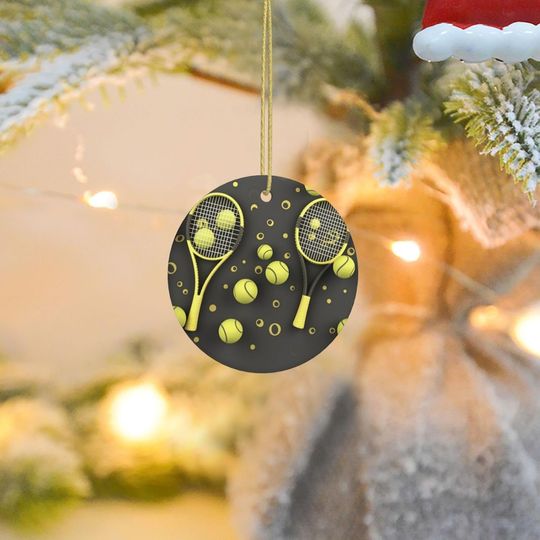 2024 Christmas Round Hanging Ornament  Christmas Tree Ceramic Ornaments Funny Tennis Racquets and Tennis Balls Christmas Porcelain Pendant Ornament for Holiday Decoration Keepsake Gift