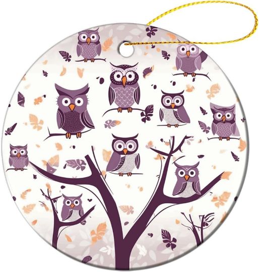 Christmas Ceramic Ornament, Owl Tree Branches Print Round Holiday Decoration with Hanging String, Perfect for Christmas Tree, Fireplace