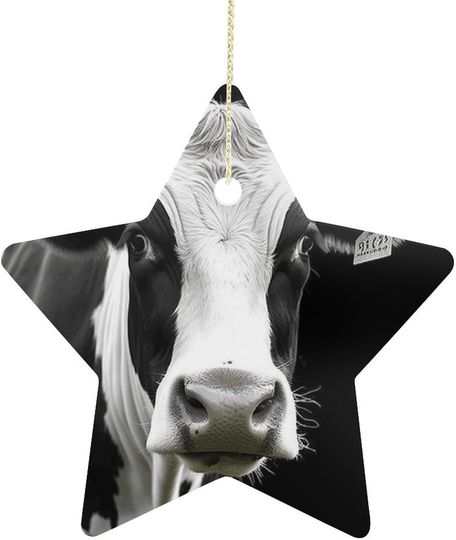 Christmas Ceramic Ornament, Cow Head Black White Print Star Holiday Decoration with Hanging String, Perfect for Christmas Tree, Fireplace