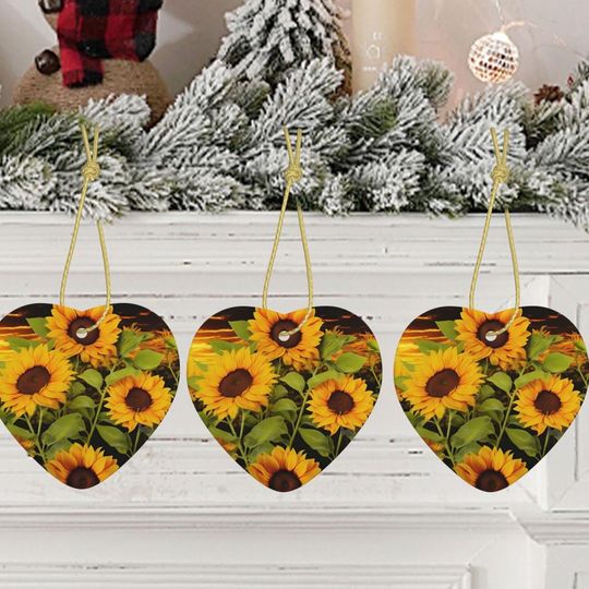 Discover Christmas Tree Ceramic Hanging Sun Flower Christmas Ornaments with Gold Ribbon Heart Hanging for Christmas Tree Decorations Porcelain Pendants for Xmas Creative Decoration Hanging