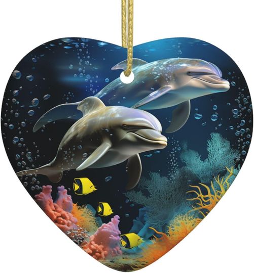 Christmas Ornaments Two Dolphin and Fish Ceramic Ornament Christmas Tree Ceramic Hanging Porcelain Ornament for Christmas Holiday Heart Hanging Ornament for Christmas Trees Halloween