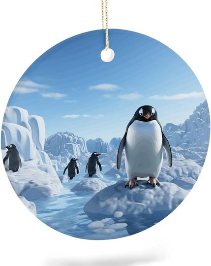 Christmas Ceramic Ornament, Penguin Antarctica Ice Print Round Holiday Decoration with Hanging String, Perfect for Christmas Tree, Fireplace