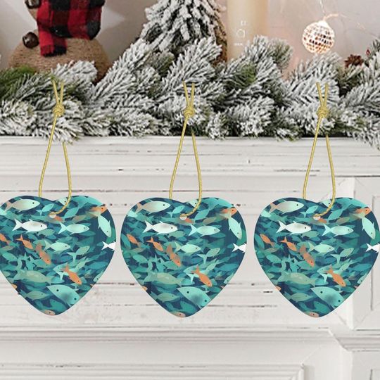 Christmas Tree Ceramic Hanging Abstract Shoal of Fish Christmas Ornaments with Gold Ribbon Heart Hanging for Christmas Tree Decorations Porcelain Pendants for Xmas Creative Decoration Hanging