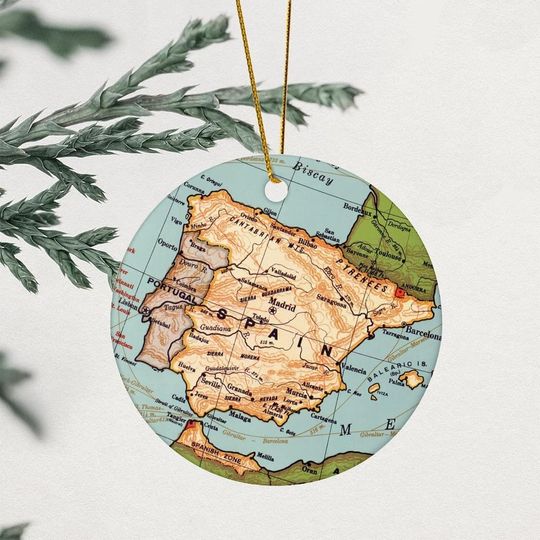 Christmas Ornament Spain Map Christmas Tree Ornament Destination 3.2 Inch Two Side Printed with Gold String Modern Newlywed Couple Ornament Engagement Gift Wedding Holiday Keepsake