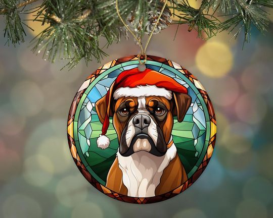 Boxer Christmas Stained Glass Ceramic Ornament, Christmas Tree Hanging Ornament, Dog Stained Glass Ornament, Ornament Religious Gift for Christians Printed on Both Sides