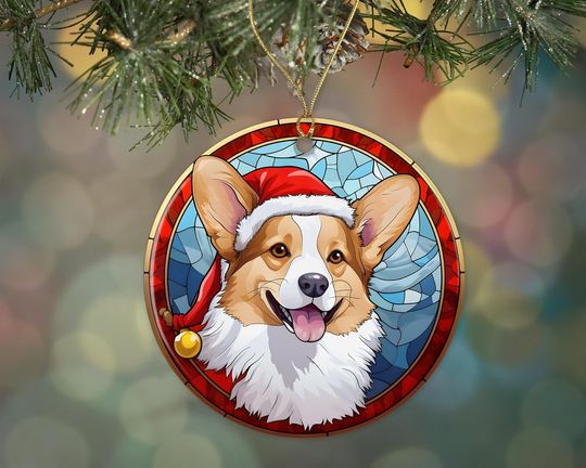 Discover Corgi Christmas Stained Glass Ceramic Ornament, Christmas Tree Hanging Ornament, Dog Stained Glass Ornament, Ornament Religious Gift for Christians Printed on Both Sides