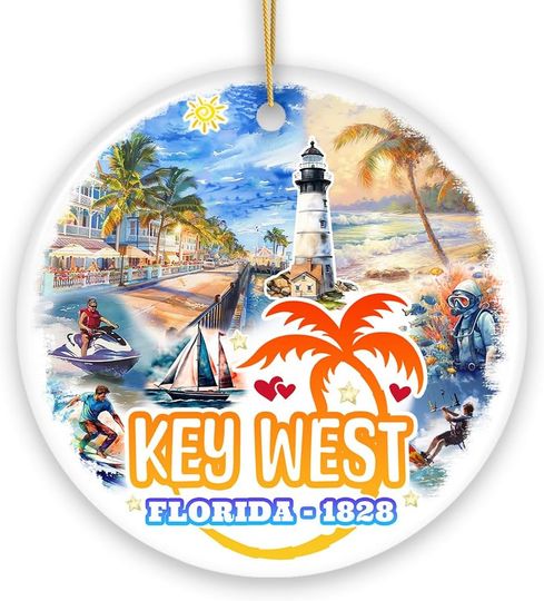 Artistic Key West Ceramic Ornament, Tropical Florida Vacation and Beach Paradise Christmas Souvenir