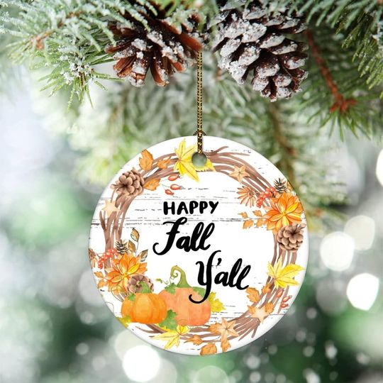 Happy Fall Y'all Thanksgiving Pumpkin Maple Leaf Keepsakes Quotes Flat Ceramic Ornament Autumn Thanksgiving Ornament Keepsake Xmas Tree Decor Gifts for Friends Coworkers 3 inches