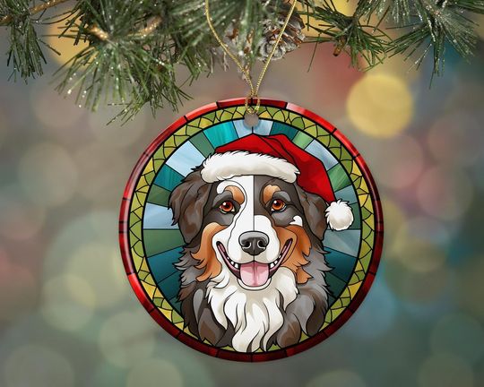 Discover Australian Shepherd Christmas Stained Glass Ceramic Ornament, Christmas Tree Hanging Ornament, Dog Stained Glass Ornament, Ornament Religious Gift for Christians Printed on Both Sides