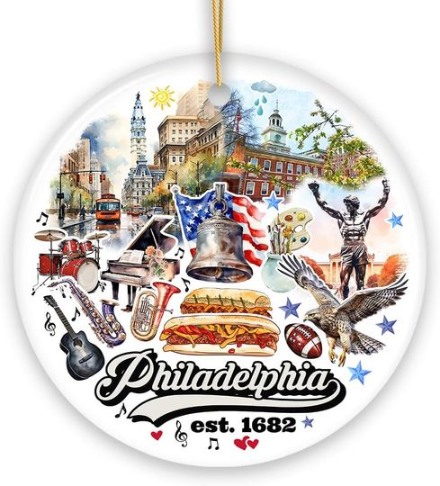 Artistic Philadelphia Handcrafted Ceramic Ornament, Vintage Pennsylvania Souvenir Gift and Christmas Tree Decor