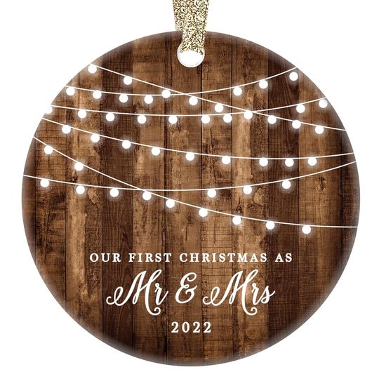 DIGIBUDDHA 2023 First Christmas as Mr & Mrs Ornament Rustic 1st Year Married Newlyweds 3" Flat Circle Porcelain Ceramic Ornament w Glossy Glaze, Gold Ribbon & Free Gift Box | OR00300 Delfino
