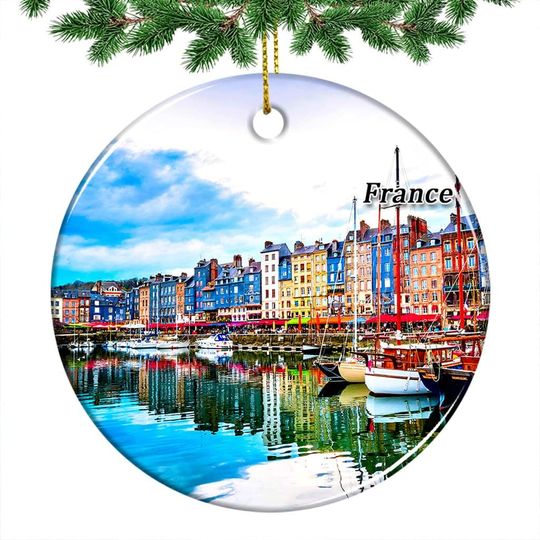 Discover France Honfleur Normandy Christmas Ornament 2022 Hanging Xmas Tree Pendant Decoration Double Sided Ceramic Souvenir Travel Gift 2.8 Inch