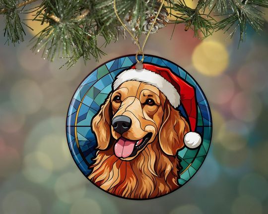 Golden Retriever Christmas Stained Glass Ceramic Ornament, Christmas Tree Hanging Ornament, Dog Stained Glass Ornament, Ornament Religious Gift for Christians Printed on Both Sides