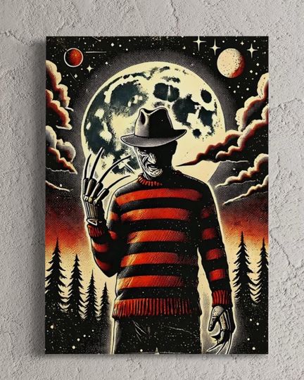 Horror Poster Freddy Krueger Full Moon, Foggy Woods, Halloween Decor, Scary Art Prints