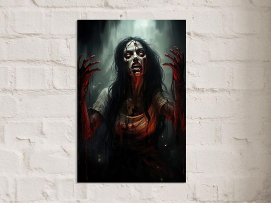 Bloody Woman Zombie Poster - Gruesome Horror Art Print - Halloween Decoration Gift