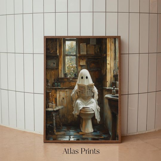 Discover Cute Ghost on Toilet Halloween Print, Dark Academia Spooky Apartment Decor, Funny Gothic Bathroom Printable Wall Art