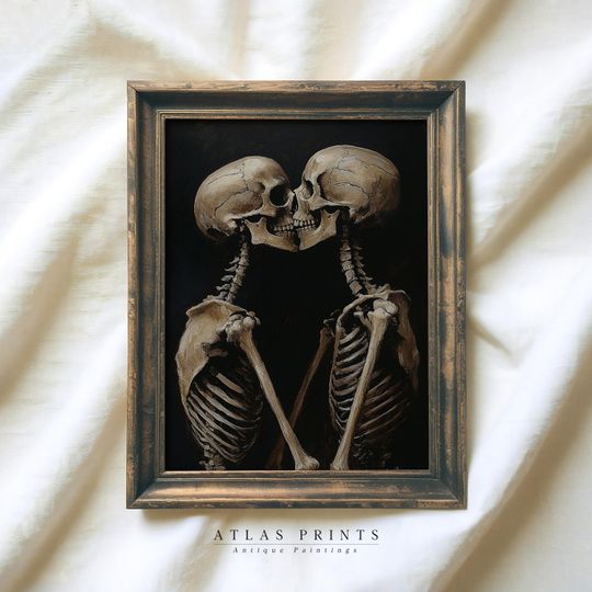 Vintage Skeleton Couple Kissing Painting, Spooky Halloween Print, Dark Academia Valentine Printable Wall Art