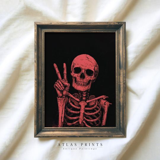 Discover Spooky Pink Skeleton Print, Funny Halloween Printable Wall Art, Retro Halloween College Dorm Decor