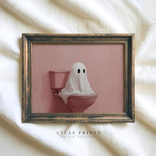 Discover Cute Ghost on Toilet Halloween Print, Trendy Spooky Pink Decor, Funny Halloween Bathroom Printable Wall Art