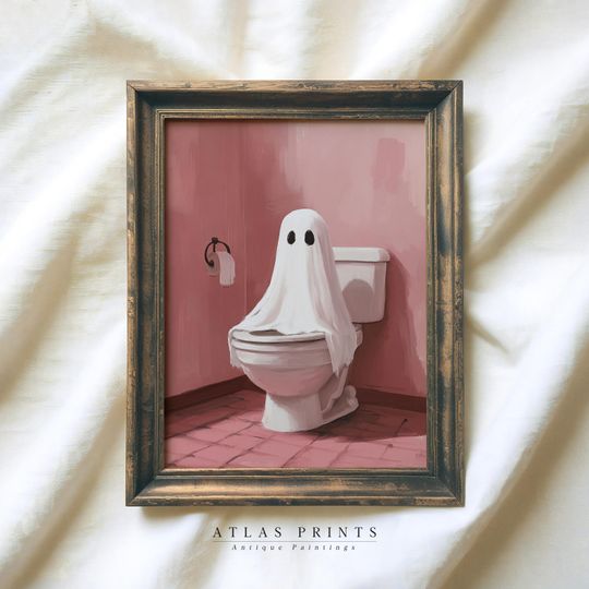 Discover Cute Ghost on Toilet Halloween Print, Trendy Spooky Pink Decor, Funny Halloween Bathroom Printable Wall Art