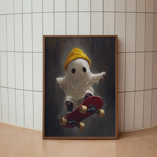 Ghost on Skateboard Halloween Print, Retro Cute Ghost  Painting Poster, Spooky Printable Wall Art, Funny College Dorm Decor