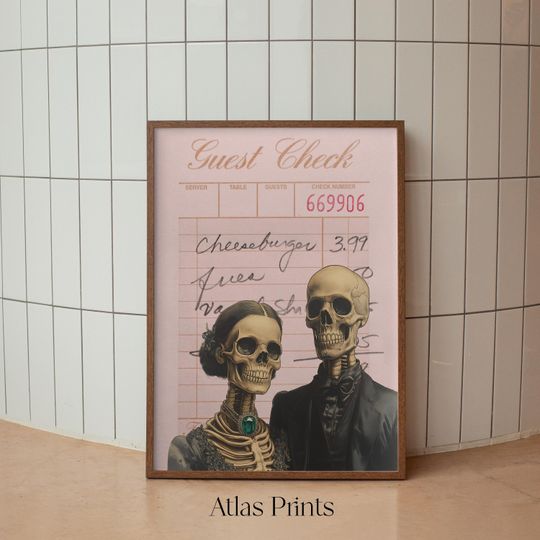 Halloween Skeleton Couple Guest Check Print, Trendy Modern Printable Art, Vintage Retro College Apartment Decor, Spooky Pink Digital Prints