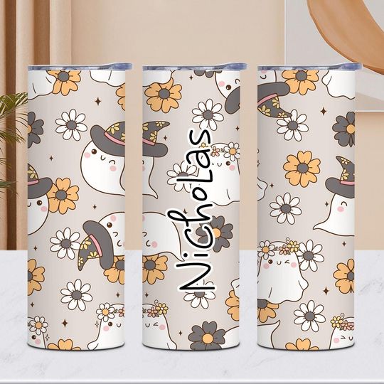 Discover Personalized Halloween Ghost Tumbler with Name, Spooky Ghost Travel Cup, Custom Halloween Tumbler, Retro Ghost Tumbler Gift for Halloween
