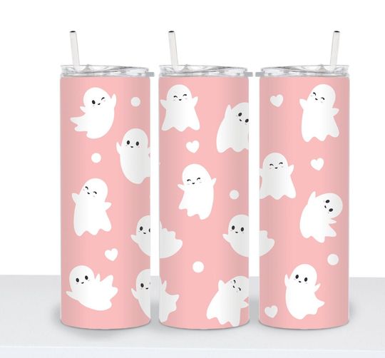 Discover Halloween tumbler, cute ghost tumbler, spooky tumbler, pink ghost tumbler, 20oz tumbler, insulted tumbler, cup with straw, fall tumbler