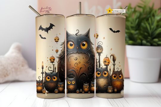Discover Halloween Owl Cats 20 oz Skinny Tumbler Sublimation   Instant   , Cute Creepy Cats Tumbler
