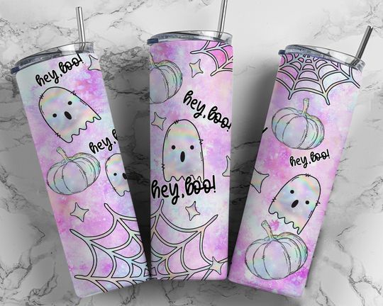 Discover Cute Halloween Tumbler Wrap  Purple Pink Funny Hey Boo Seamless Sublimation Designs  - Tumbler 20oz Design -