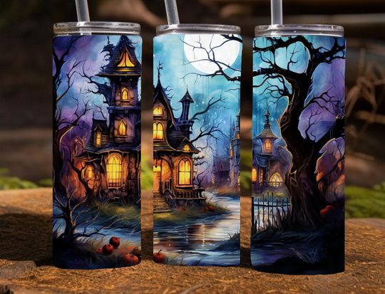 Discover Halloween Haunted House 20 Oz Skinny Sublimation Tumbler Wrap  ,  Halloween Scene Tumbler Wrap