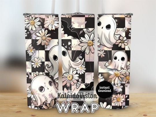 Discover Retro Halloween Tumbler Wrap 20oz Skinny Tumbler Sublimation Checkered Ghost Tumbler Spooky Season Tumbler Pastel Halloween Autumn