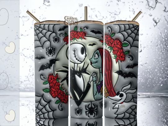 Discover 3D Inflated Jack and Sally Tumbler Wrap. 3D Puff Halloween Tumbler Wrap. 3D Nihgtmare Tumbler. Jack and Sally Tumbler. Sublimation Tumbler