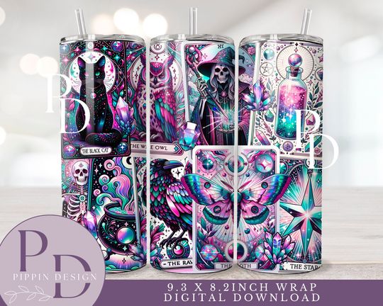 Discover Tarot Cards 20oz Skinny Tumbler Sublimation Design    , Gothic Halloween Tumbler