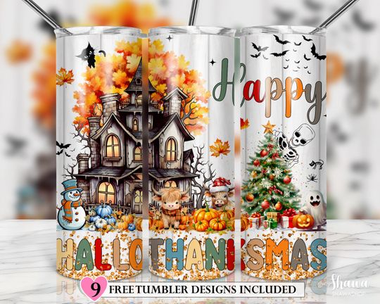 Discover Hallo Thanksmas Tumbler 20oz Skinny Tumbler Design Sublimation, Merry Christmas Tumbler, Happy Halloween Tumbler