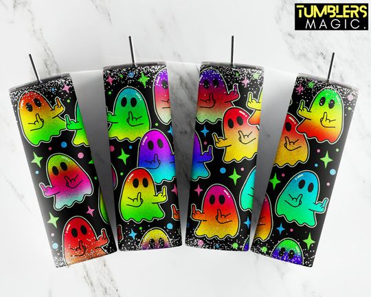 Discover Halloween Tumbler, 20 oz Skinny Tumbler, Ghost Middle Finger Tumbler  , Rainbow Glow in the Dark Ghost Sublimation