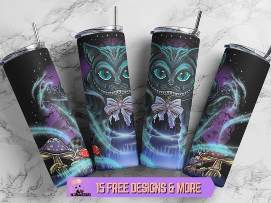 Cheshire Cat Halloween Tumbler Wrap, Alice in Wonderland Tumbler Sublimation Design, Cat 20oz Skinny Tumbler