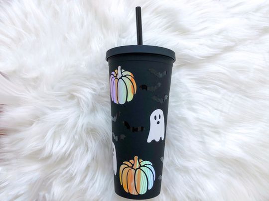 Discover Halloween Pumpkin Bat Ghost Matte Black Tumbler with Straw | Fall Themed Iced Coffee Cup | Halloween Water Bottle | Spooky Season Cup |Ghost