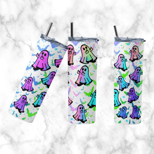 Discover Halloween Tumbler, 20 oz Skinny Tumbler, Ghost Middle Finger Tumbler  , Rainbow Ghost Sublimation