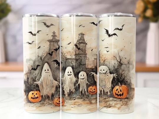 Discover Vintage Halloween Ghosts 20oz Tumbler Sublimation Wrap, Pumpkin Straight and Tapered Tumbler, High Resolution