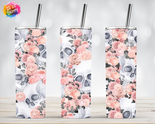 Discover Rose Gold Rose Skull, Halloween Tumbler, Floral Skull, Ghost, 20oz Skinny Tumbler Sublimation Wrap Designs