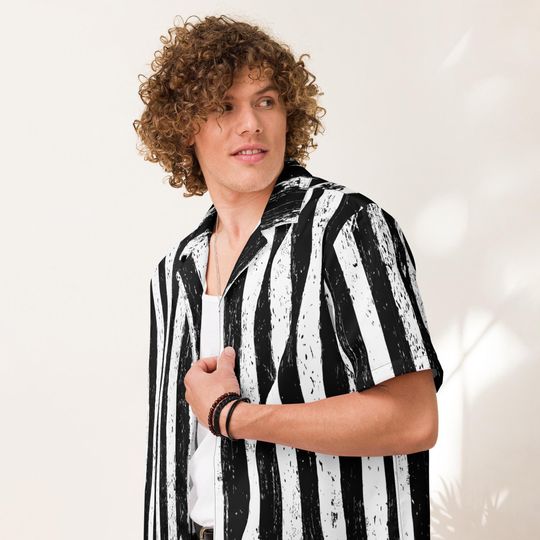 Discover Black and White Vertical Stripe Distressed Button Up Shirt