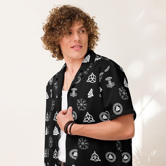 Discover Viking Symbols and Ancient Norse Runes Button Up Shirt Black and White