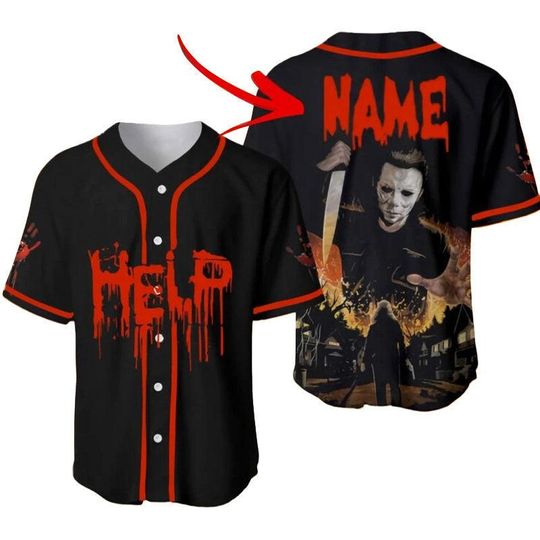 Discover Custom Michael Myers Baseball Jersey Shirt, Horror Movie Baseball Shirt, Scary Movie Jersey Shirt For Men, Halloween Party Baseball Tee